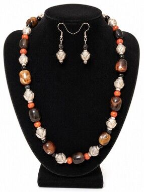 Lobster Clasp Beaded Necklace & Fish Hook Earrings Set | Earth Tone Tribal Boho